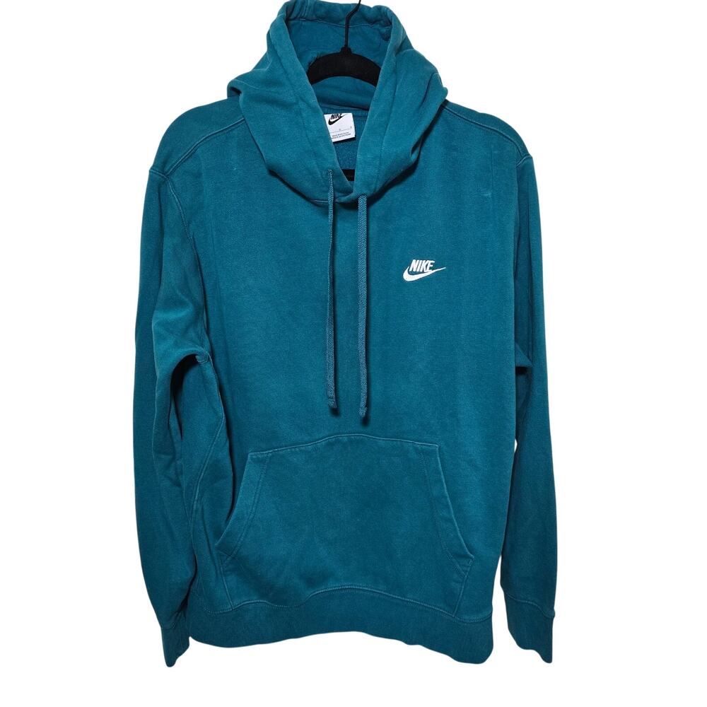 Vintage Teal with White Swoosh Nike Pullover Hoodie Kangaroo Pockets Size Large
